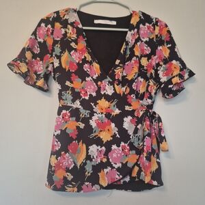 Zara Black Floral Wrap Blouse